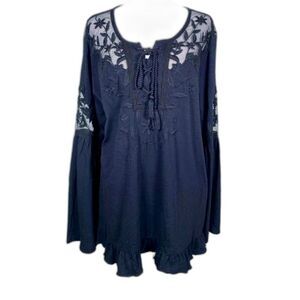 STYLE & CO Black Embroidered Lace Peasant Boho Fairy whimsygoth Bell Sleeve SZ L